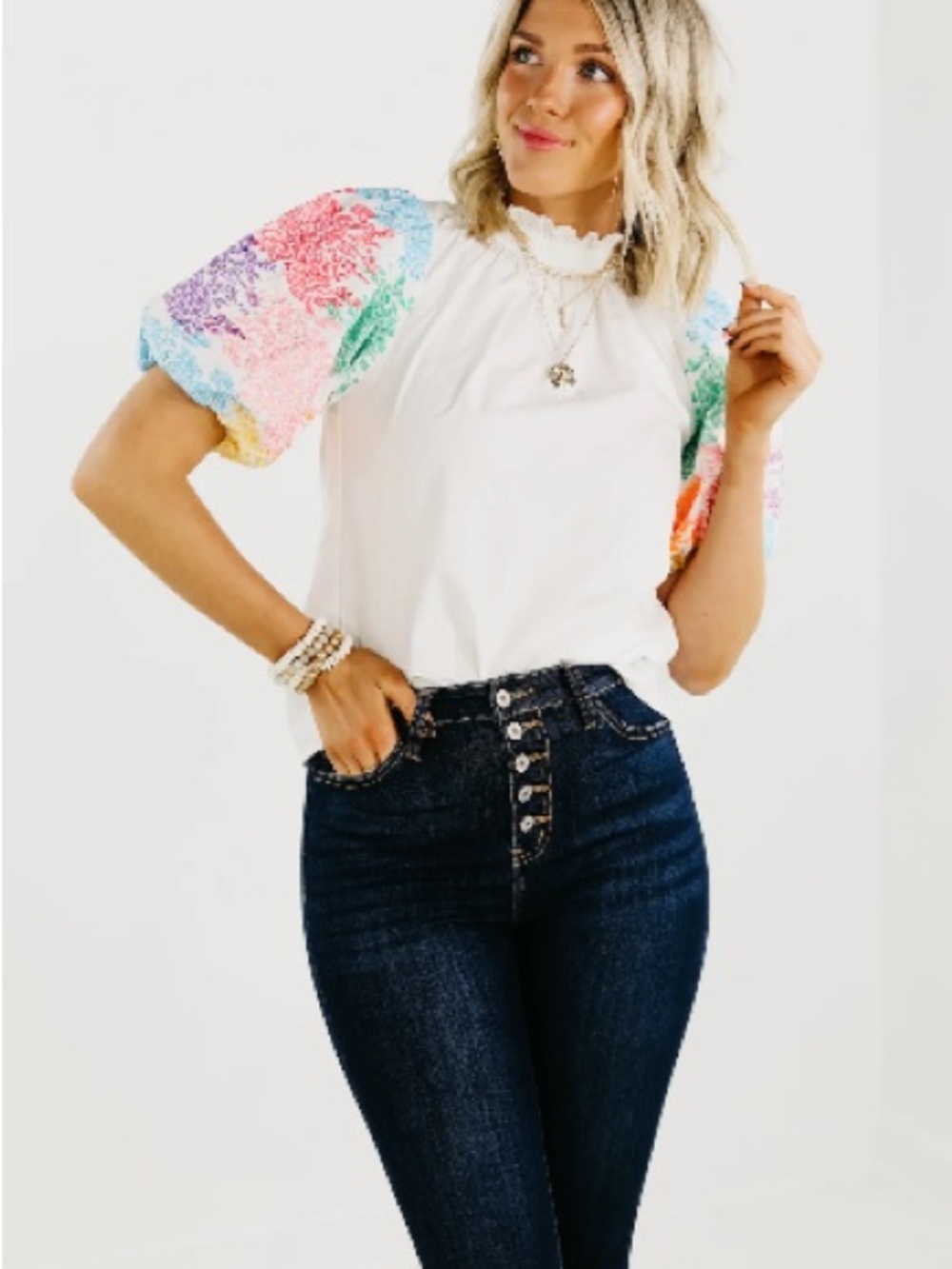 THML White Ruffle Neck Blouse Floral Multicolor Embroidered Puff Sleeves Small